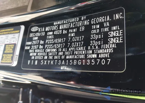 2011 Kia Sorento Lx z USA, uszkodzony, nr VIN 5XYKT3A15BG135707